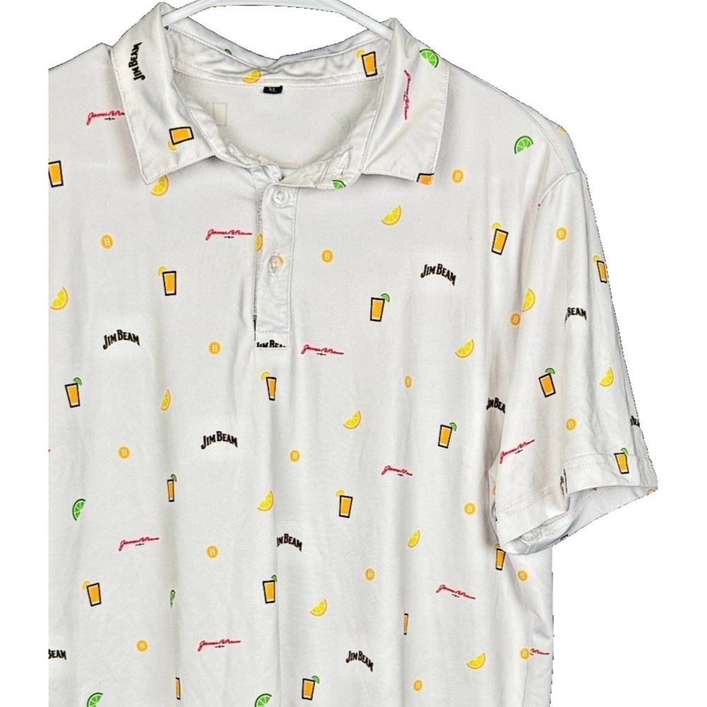 Jim Beam Polo Shirt Mens XL White All Over Print Bourbon Cocktail Golf Performan